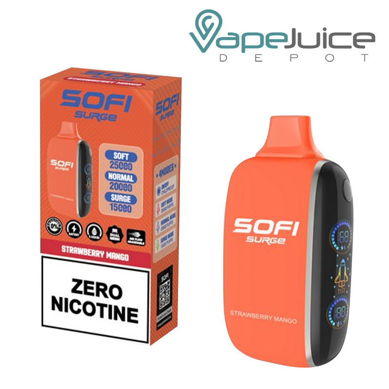 A Box of Strawberry Mango SOFI Surge 25000 Zero Nicotine Disposable and a Disposable with Indicator Battery and Firing Button - Vape Juice Depot