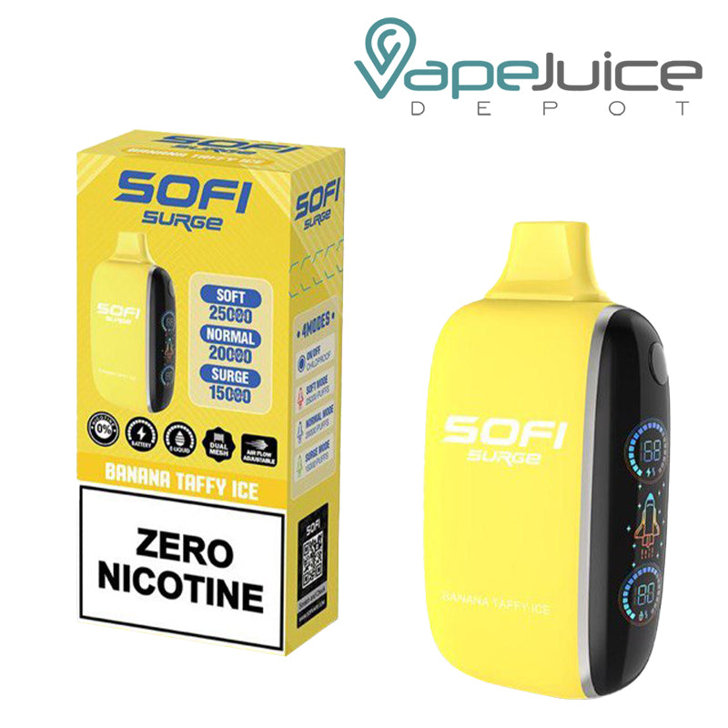 A Box of Banana Taffy Ice SOFI Surge 25000 Zero Nicotine Disposable and a Disposable with Indicator Battery and Firing Button - Vape Juice Depot