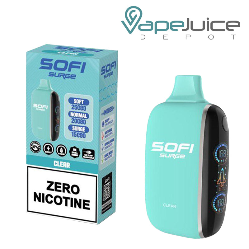 A Box of Clear SOFI Surge 25000 Zero Nicotine Disposable and a Disposable with Indicator Battery and Firing Button - Vape Juice Depot