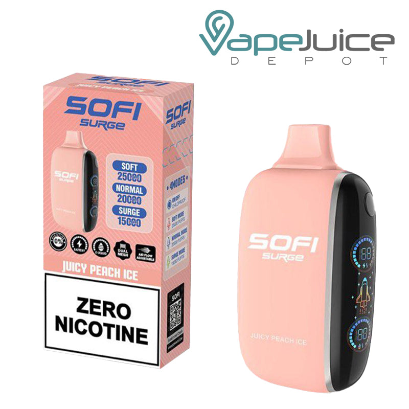 A Box of Juicy Peach Ice SOFI Surge 25000 Zero Nicotine Disposable and a Disposable with Indicator Battery and Firing Button - Vape Juice Depot
