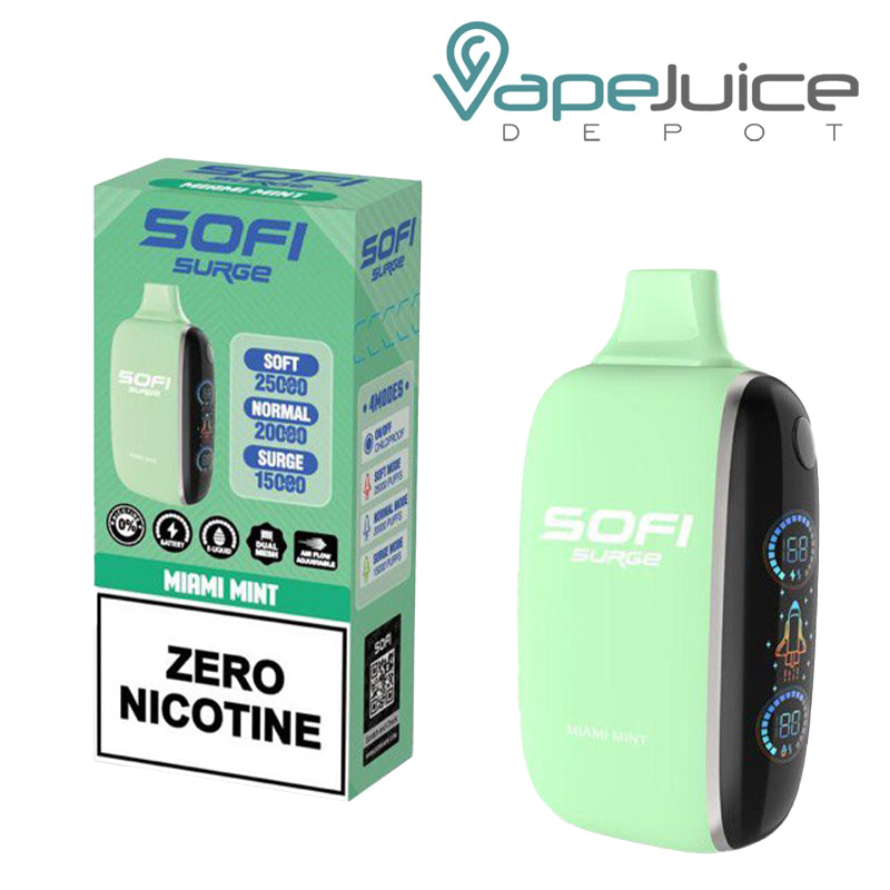 A Box of Miami Mint SOFI Surge 25000 Zero Nicotine Disposable and a Disposable with Indicator Battery and Firing Button - Vape Juice Depot