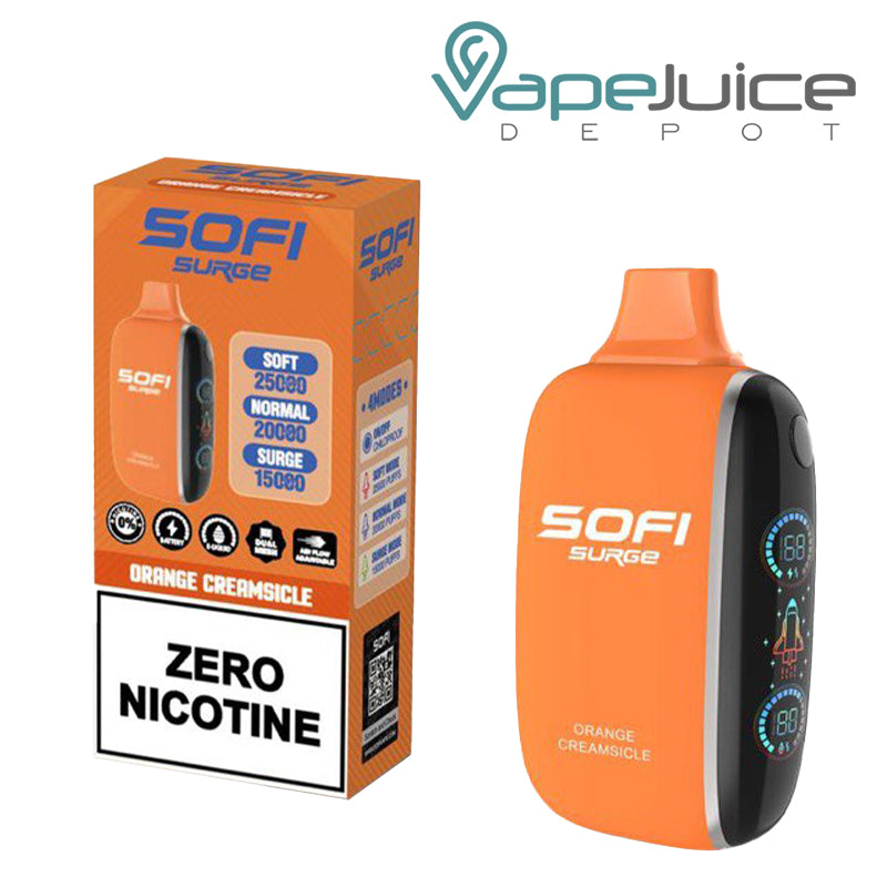 A Box of Orange Creamsicle SOFI Surge 25000 Zero Nicotine Disposable and a Disposable with Indicator Battery and Firing Button - Vape Juice Depot