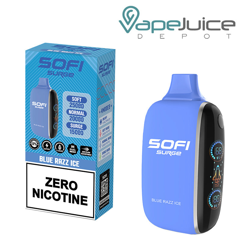 A Box of Blue Razz Ice SOFI Surge 25000 Zero Nicotine Disposable and a Disposable with Indicator Battery and Firing Button - Vape Juice Depot