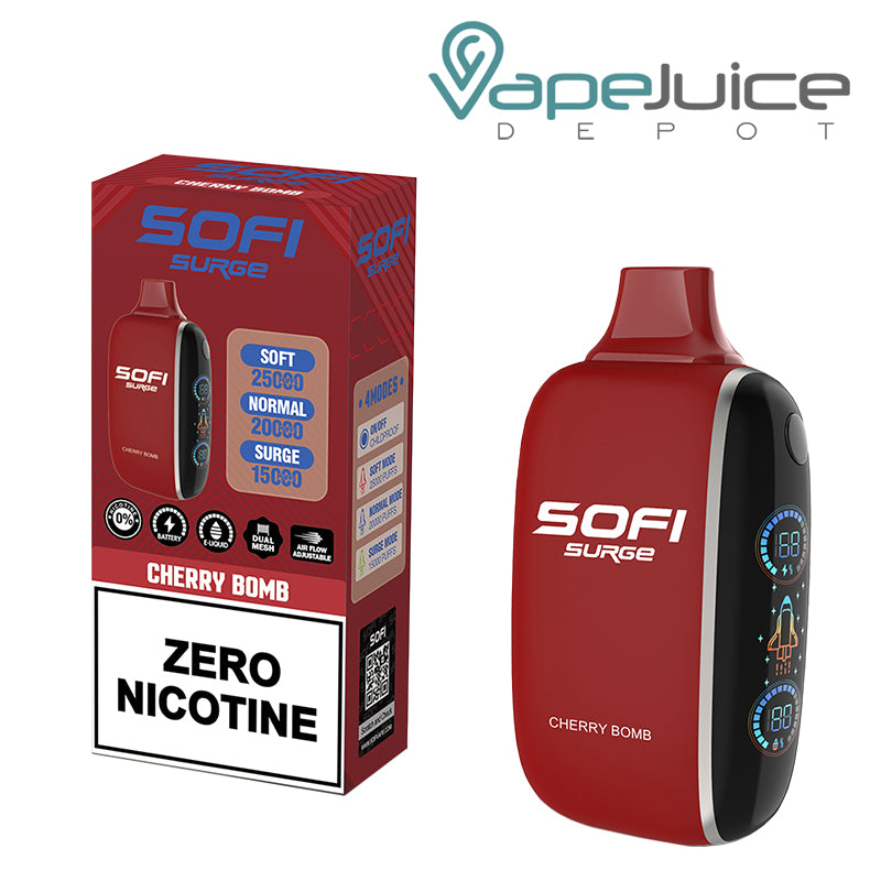 A Box of Cherry Bomb SOFI Surge 25000 Zero Nicotine Disposable and a Disposable with Indicator Battery and Firing Button - Vape Juice Depot