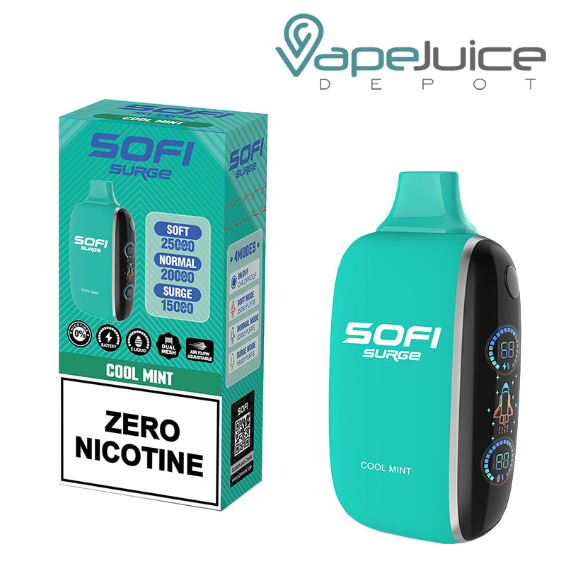 A Box of Cool Mint SOFI Surge 25000 Zero Nicotine Disposable and a Disposable with Indicator Battery and Firing Button - Vape Juice Depot