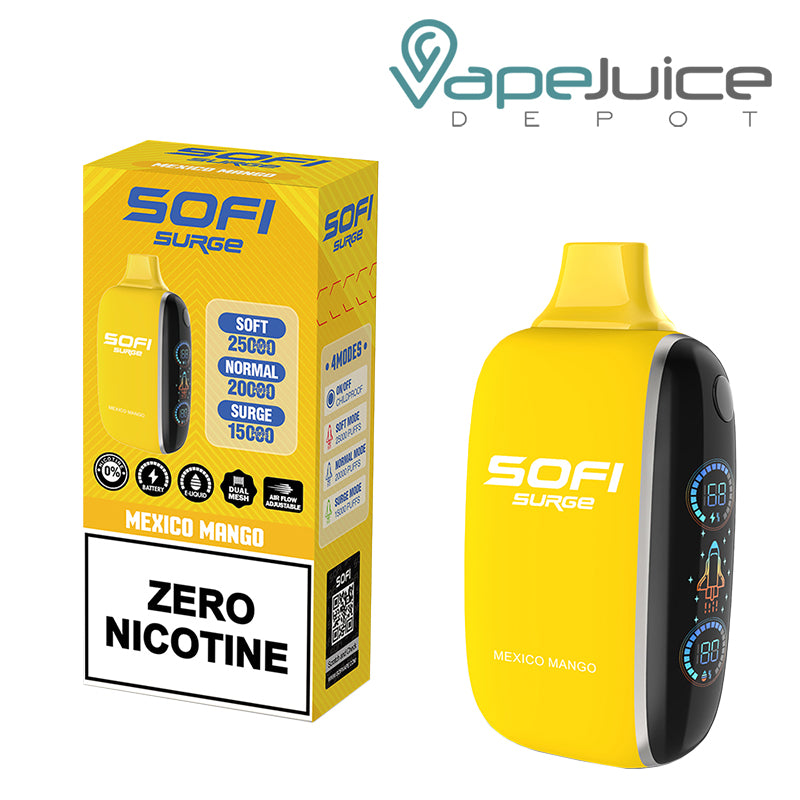 A Box of Mexico Mango SOFI Surge 25000 Zero Nicotine Disposable and a Disposable with Indicator Battery and Firing Button - Vape Juice Depot