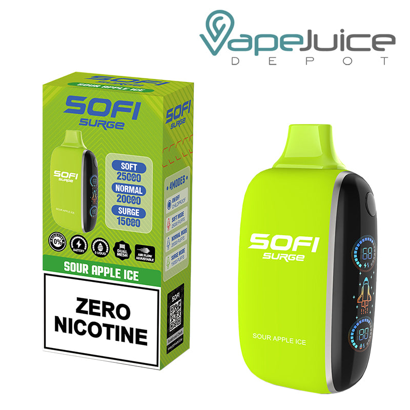 A Box of Sour Apple Ice SOFI Surge 25000 Zero Nicotine Disposable and a Disposable with Indicator Battery and Firing Button - Vape Juice Depot