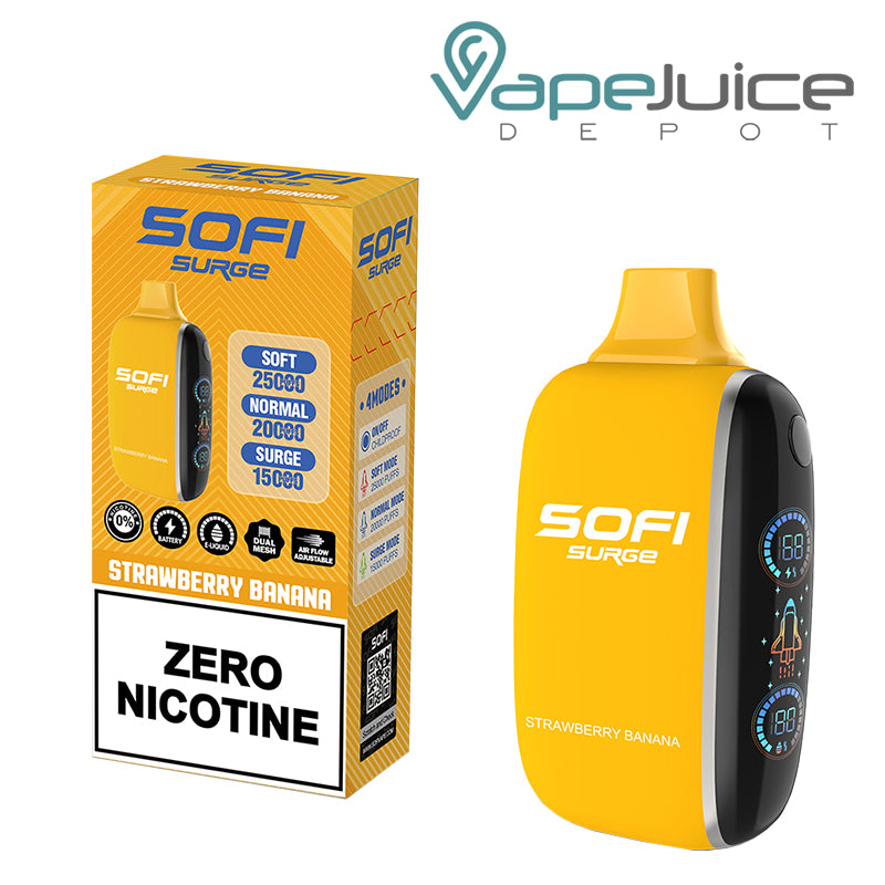 A Box of Strawberry Banana SOFI Surge 25000 Zero Nicotine Disposable and a Disposable with Indicator Battery and Firing Button - Vape Juice Depot