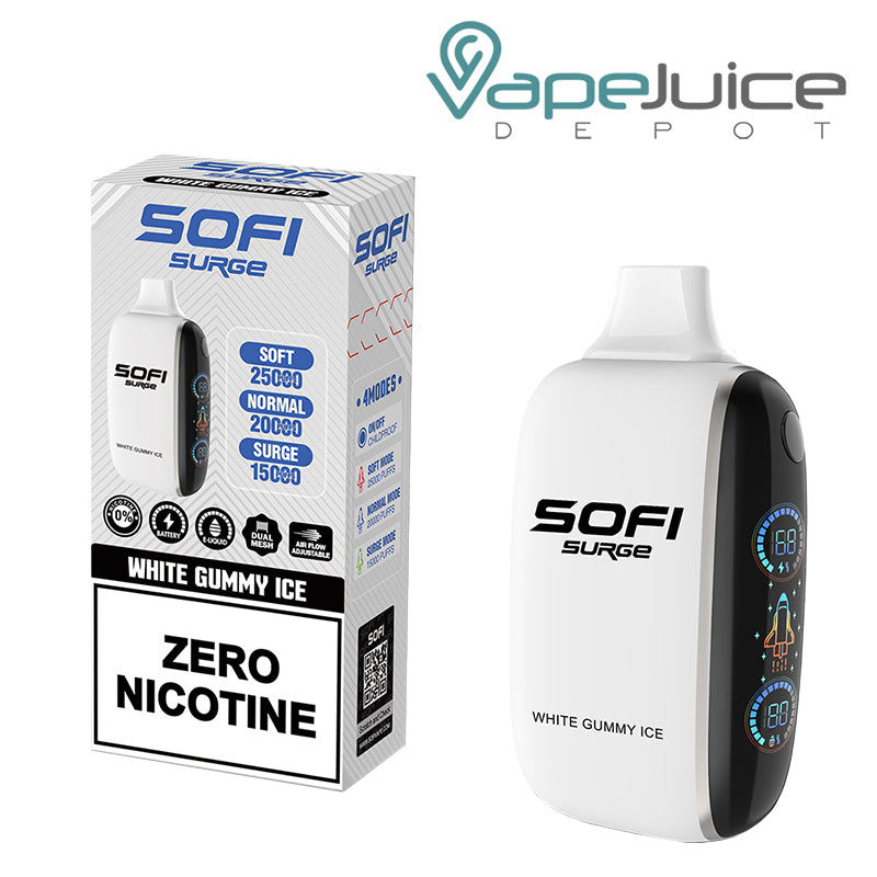 A Box of White Gummy Ice SOFI Surge 25000 Zero Nicotine Disposable and a Disposable with Indicator Battery and Firing Button - Vape Juice Depot