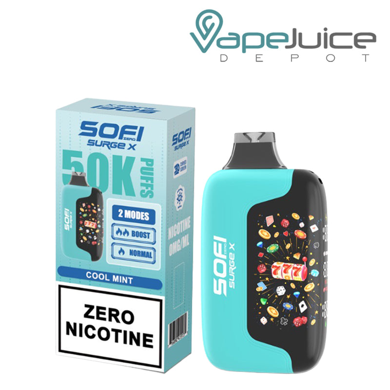 A Box of Cool Mint SOFI Surge X 50000 Zero Nicotine Disposable and a device next to it - Vape Juice Depot