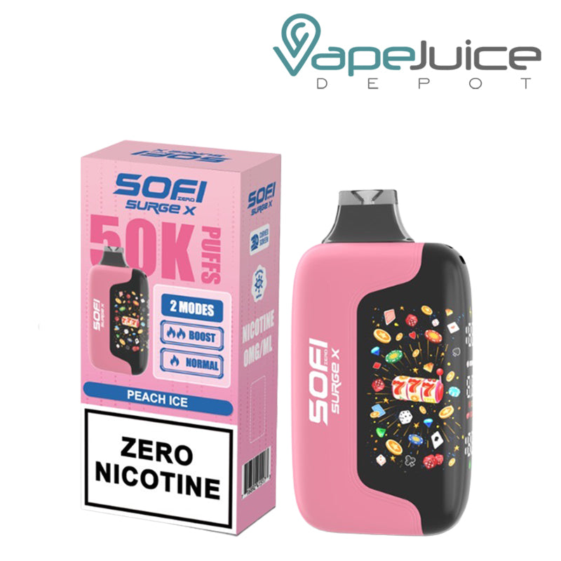 A Box of Peach Ice SOFI Surge X 50000 Zero Nicotine Disposable and a device next to it - Vape Juice Depot