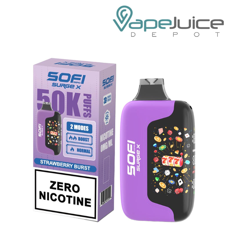A Box of Strawberry Burst SOFI Surge X 50000 Zero Nicotine Disposable and a device next to it - Vape Juice Depot