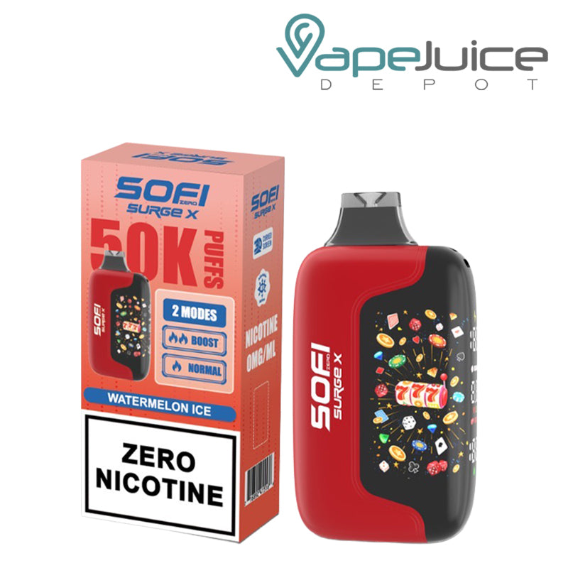 A Box of Watermelon Ice SOFI Surge X 50000 Zero Nicotine Disposable and a device next to it - Vape Juice Depot