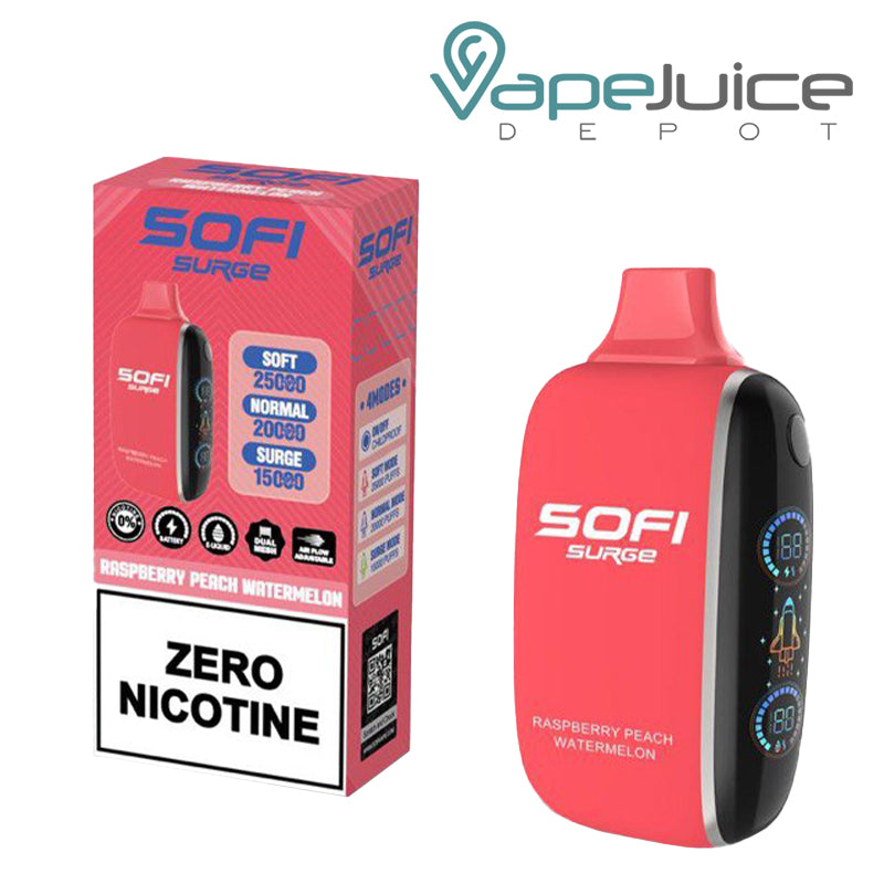A Box of Raspberry Peach Watermelon SOFI Surge 25000 Zero Nicotine Disposable and a Disposable with Indicator Battery and Firing Button - Vape Juice Depot