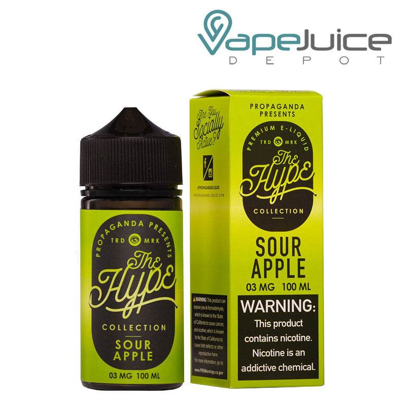 A 100ml bottle of SOUR APPLE DUST Propaganda The Hype eLiquid and a box with a warning sign next to it - Vape Juice Depot