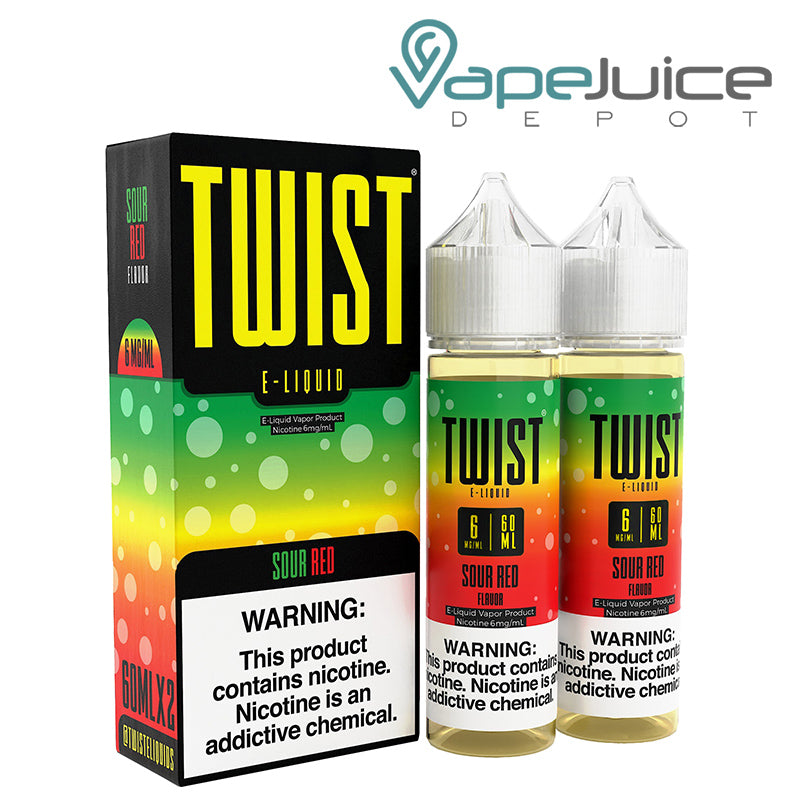 A box of Sour Red Twist 6mg E-Liquid 120ml with a warning sign and two 60ml bottles next to it - Vape Juice Depot