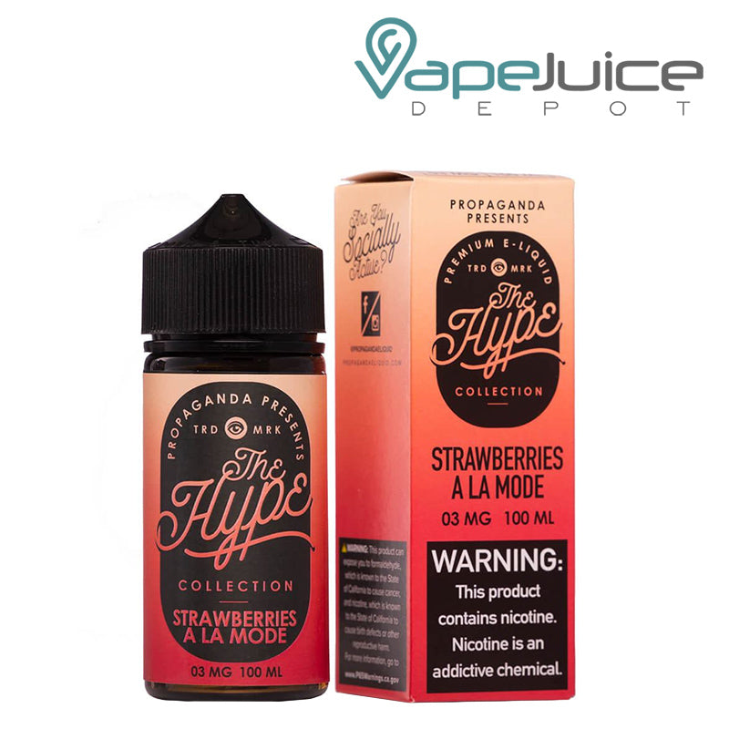 A 100ml bottle of STRAWBERRIES A LA MODE Propaganda The Hype eLiquid and a box with a warning sign next to it - Vape Juice Depot