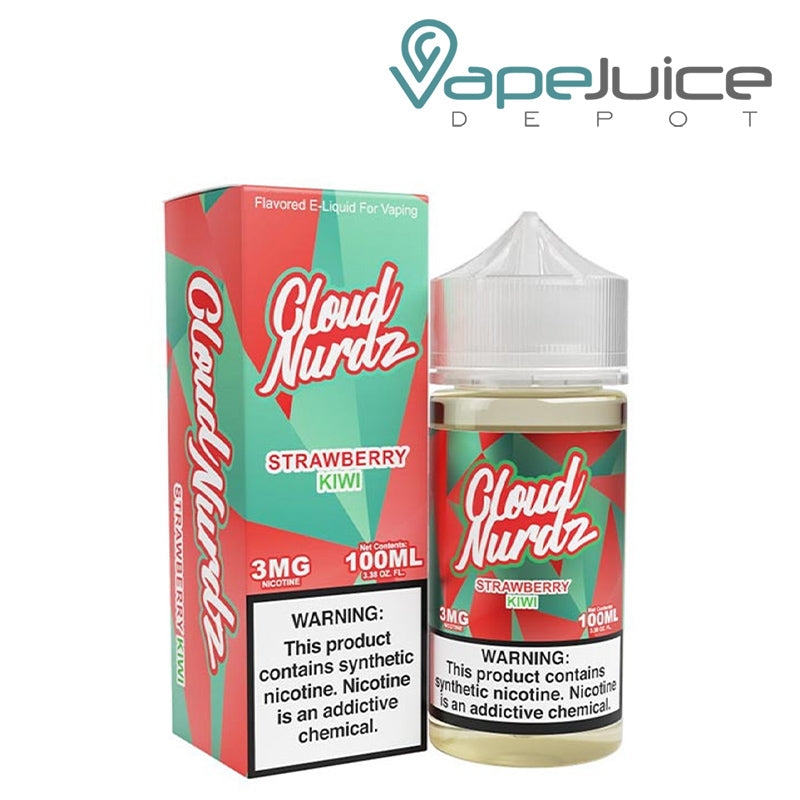 A box of Strawberry Kiwi TFN Cloud Nurdz with a warning sign and a 100ml bottle next to it - Vape Juice Depot