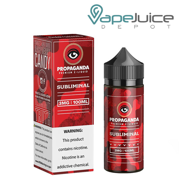 A 100ml bottle of SUBLIMINAL Propaganda eLiquid with a warning sign and a box next to it - Vape Juice Depot