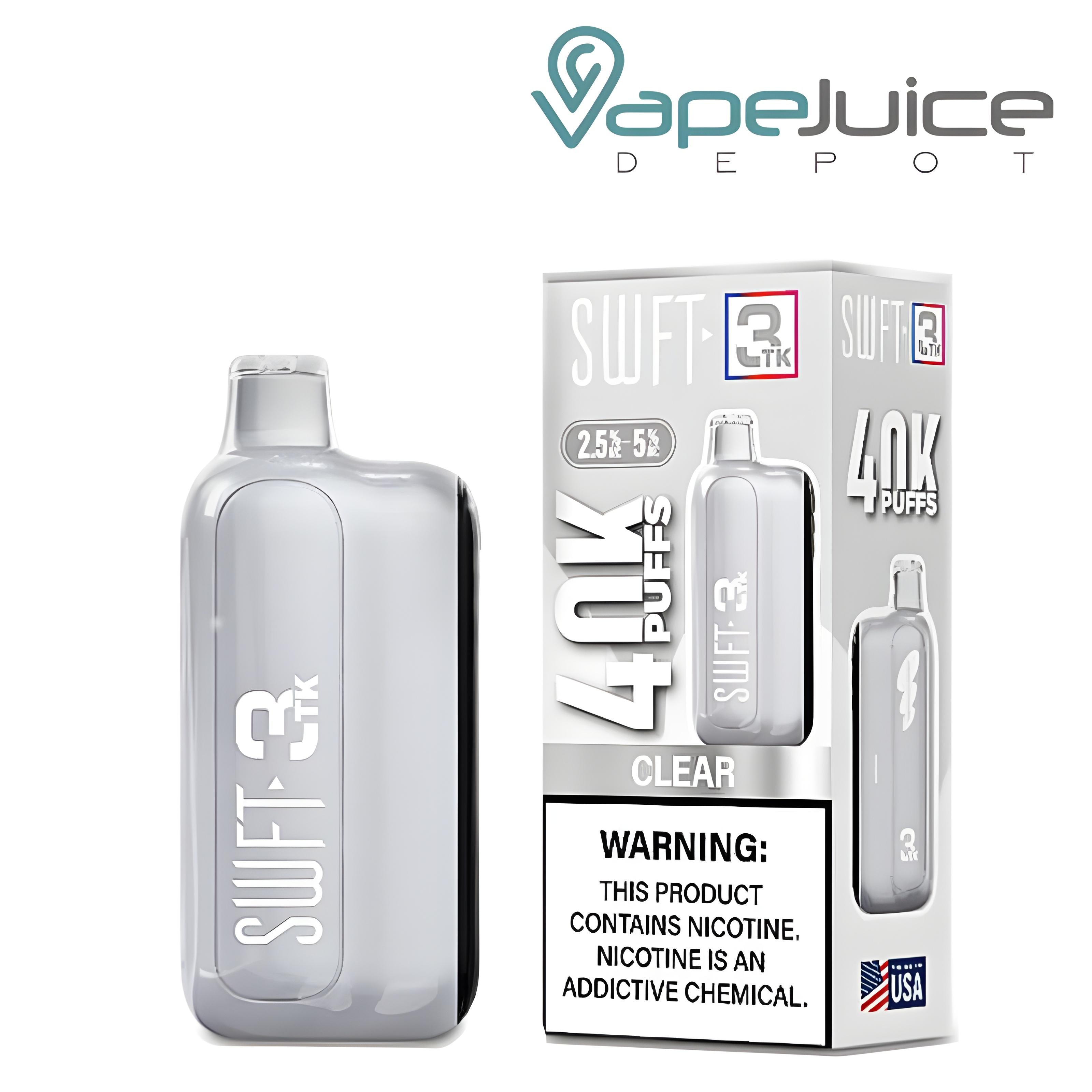 A SWFT 3TK 40K Clear Disposable and a box with a warning sign net to it - Vape Juice Depot