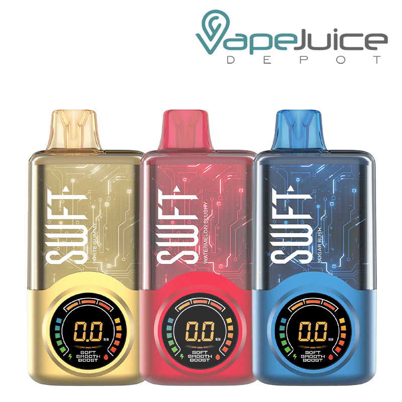 Three flavors of SWFT Meta 30K Disposable with their display screens - Vape Juice Depot