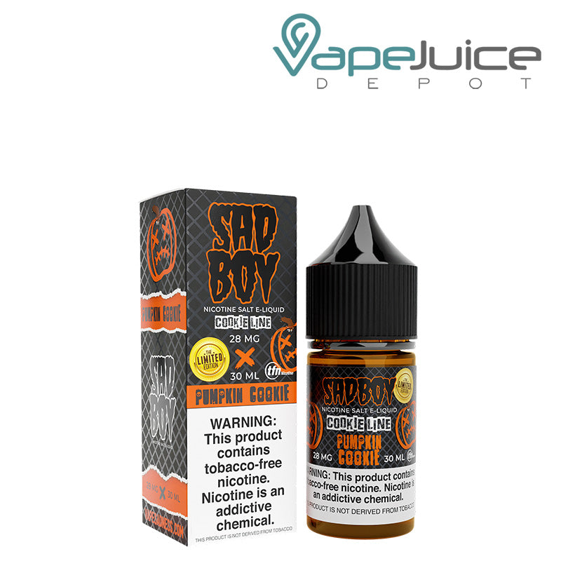 A box of Pumpkin Cookie TFN Salt SadBoy with a warning sign and a 30ml bottle next to it - Vape Juice Depot