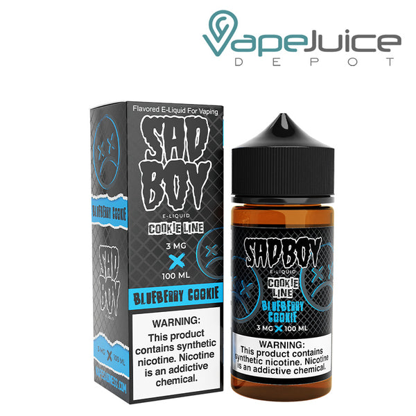 A box of Blueberry Cookie SadBoy eLiquid with a warning sign and a 100ml bottle next to it - Vape Juice Depot