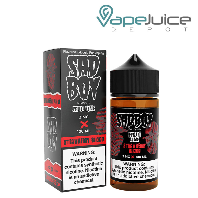 A box of Strawberry Blood SadBoy eLiquid with a warning sign and a 100ml bottle next to it - Vape Juice Depot