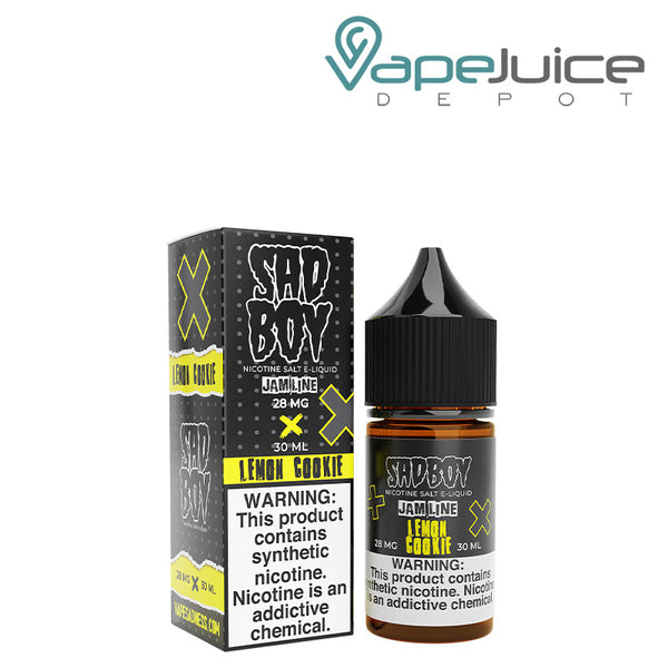 A box of Lemon Cookie TFN Salt SadBoy eLiquid with a warning sign and a 30ml bottle next to it - Vape Juice Depot