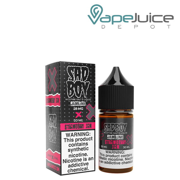 A box of Strawberry Jam Salt SadBoy eLiquid with a warning sign and a 30ml bottle next to it - Vape Juice Depot
