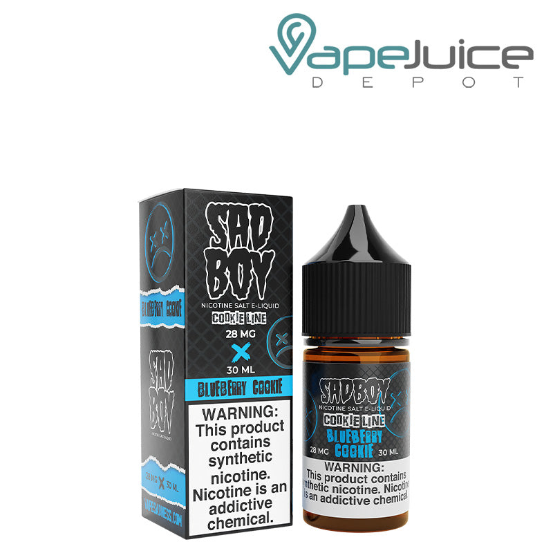 A box of Blueberry Cookie TFN Salt SadBoy eLiquid with a warning sign and a 30ml bottle next to it - Vape Juice Depot