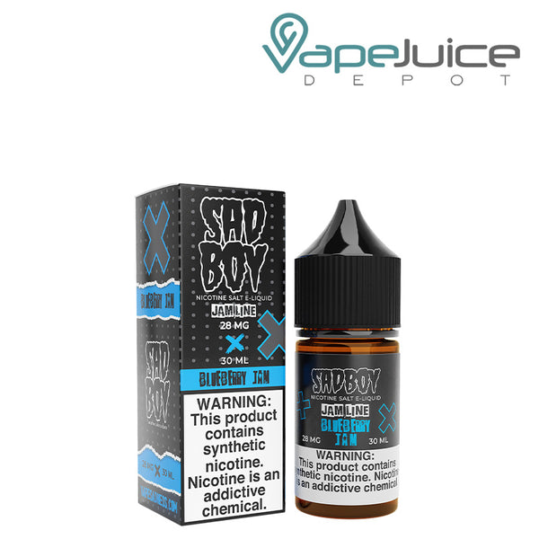 A box of Blueberry Jam Salt SadBoy eLiquid with a warning sign and a 30ml bottle next to it - Vape Juice Depot