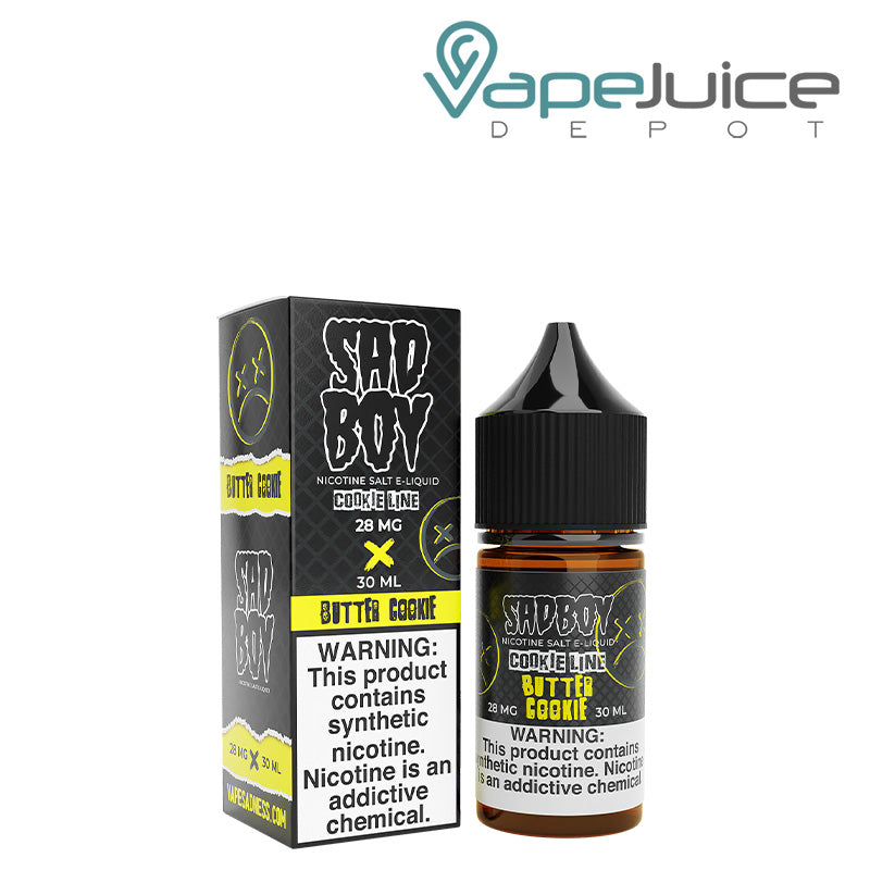 A box of Butter Cookie Salt SadBoy eLiquid with a warning sign and a 30ml bottle next to it - Vape Juice Depot