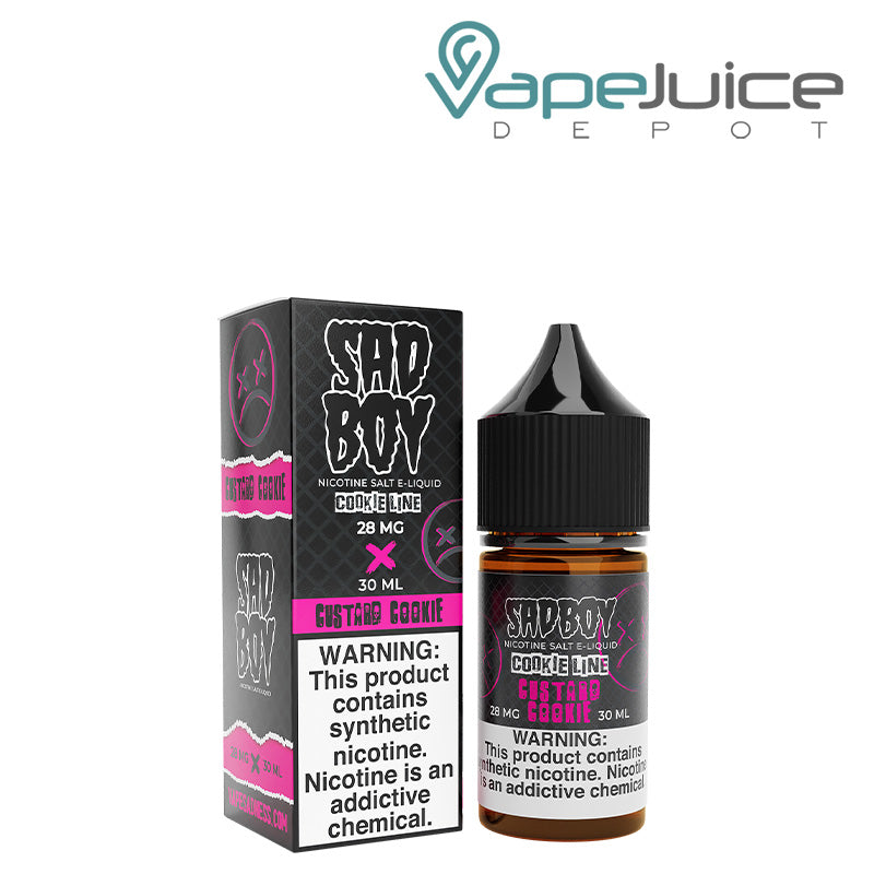 A box of Custard Cookie Salt SadBoy eLiquid with a warning sign and a 30ml bottle next to it - Vape Juice Depot