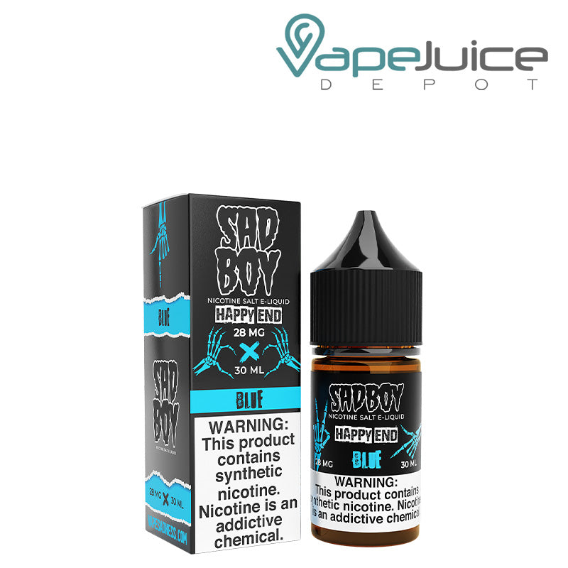 A box of Happy End Blue SadBoy Salt with a warning sign and a 30ml bottle next to it - Vape Juice Depot