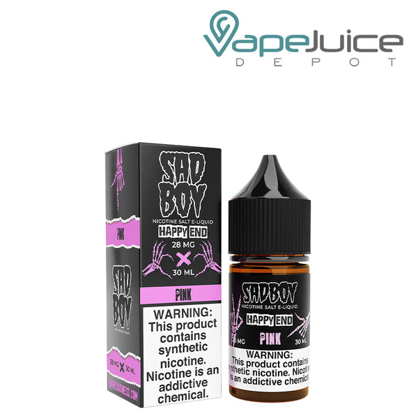 A box of Happy End Pink Salt SadBoy eLiquid with a warning sign and a 30ml bottle next to it - Vape Juice Depot