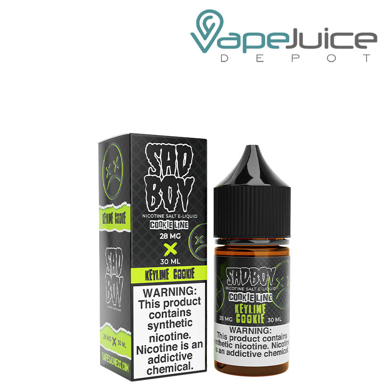 A box of Key Lime Cookie Salt SadBoy eLiquid with a warning sign and a 30ml bottle next to it - Vape Juice Depot