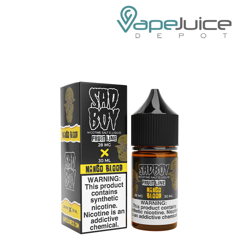 A box of Mango Blood Salt SadBoy eLiquid with a warning sign and a 30ml bottle next to it - Vape Juice Depot