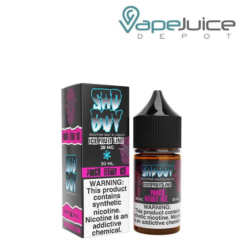 A box of Punch Berry Ice Salt SadBoy eLiquid with a warning sign and a 30ml bottle next to it - Vape Juice Depot