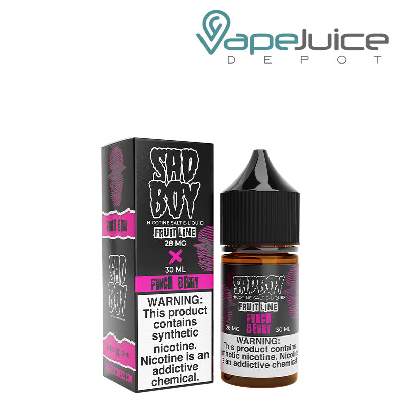 A box of Punch Berry Salt SadBoy eLiquid with a warning sign and a 30ml bottle next to it - Vape Juice Depot