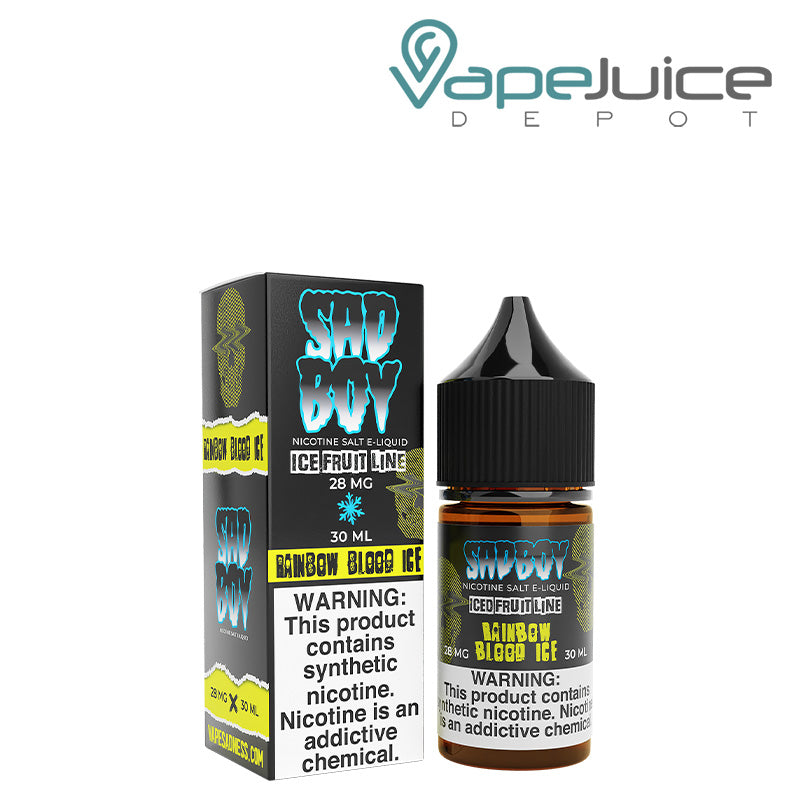 A box of Rainbow Blood Ice Salt SadBoy eLiquid with a warning sign and a 30ml bottle next to it - Vape Juice Depot