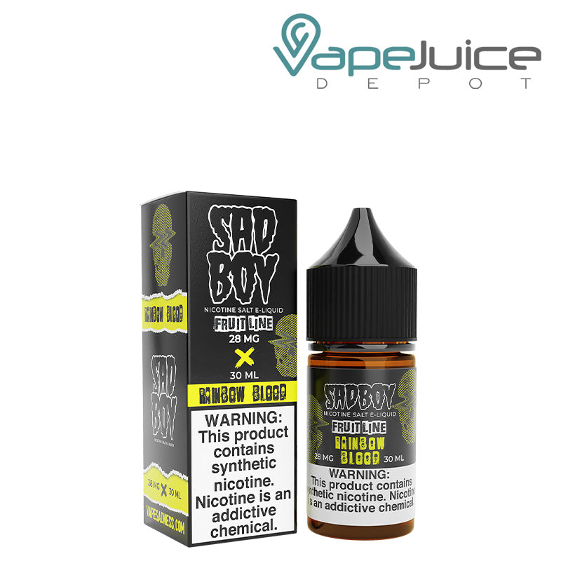 A box of Rainbow Blood Salt SadBoy eLiquid with a warning sign and a 30ml bottle next to it - Vape Juice Depot