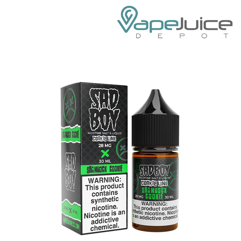 A box of Shamrock Cookie Salt SadBoy eLiquid with a warning sign and a 30ml bottle next to it - Vape Juice Depot
