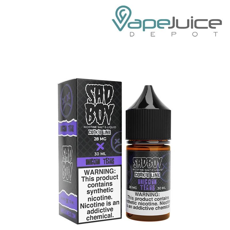 A box of Unicorn Tears Salt SadBoy eLiquid with a warning sign and a 30ml bottle next to it - Vape Juice Depot