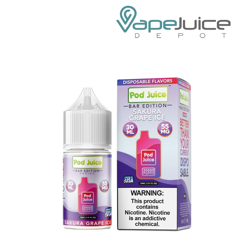 A 30ml bottle of Sakura Grape Ice Pod Juice Bar Edition Salt and a box with a warning sign next to it - Vape Juice Depot