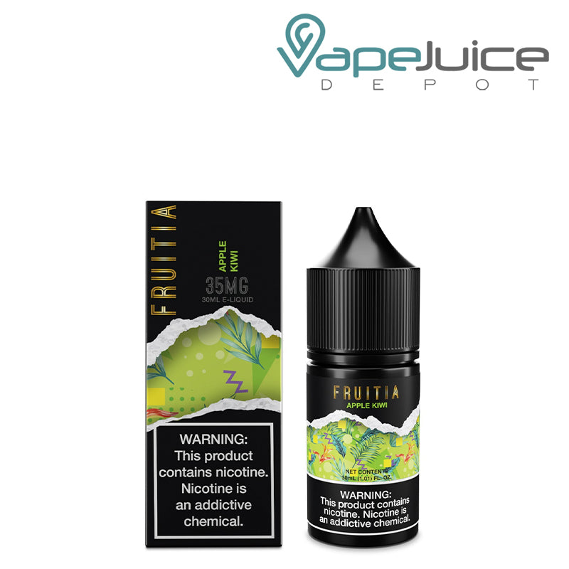 A Box of Apple Kiwi (Apple Kiwi Crush) Salt Fruitia Fresh Farms with a warning sign and a 30ml bottle next o it - Vape Juice Depot