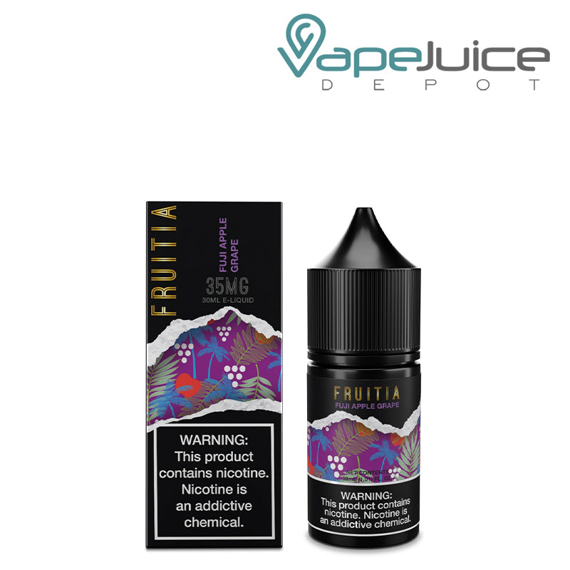 A Box of Fuji Apple Grape Salts Fruitia Fresh Farms with a warning sign and a 30ml bottle next to it - Vape Juice Depot