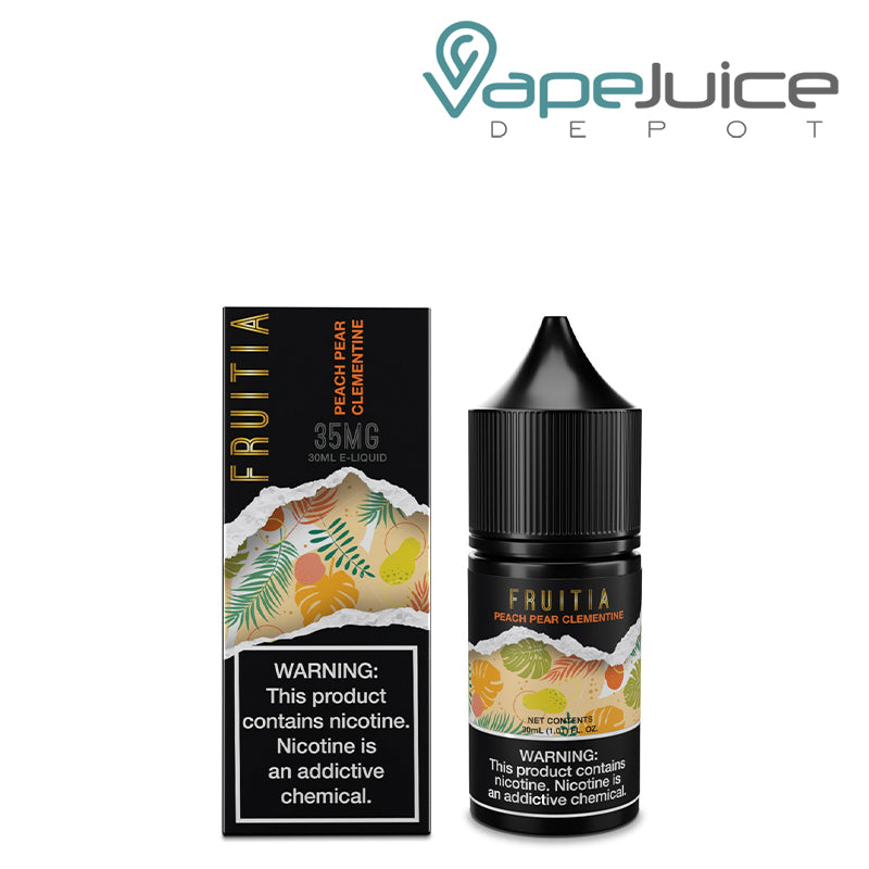 A Box of Peach Pear Clementine Salts Fruitia Fresh Farms with a warning sign and a 30ml bottle next to it - Vape Juice Depot