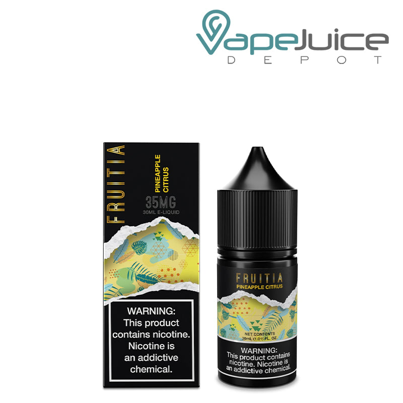 A Box of Pineapple Citrus Salt Fruitia Fresh Farms with a warning sign and a 30ml bottle next to it - Vape Juice Depot