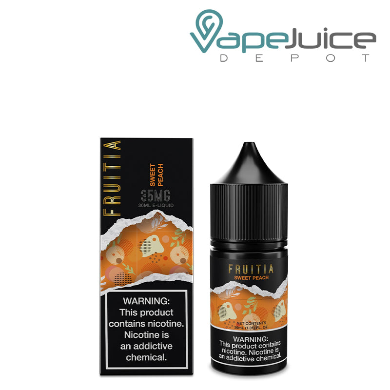 A Box of Sweet Peach Salt Fruitia Fresh Farms with a warning sign and a 30ml bottle next to it - Vape Juice Depot